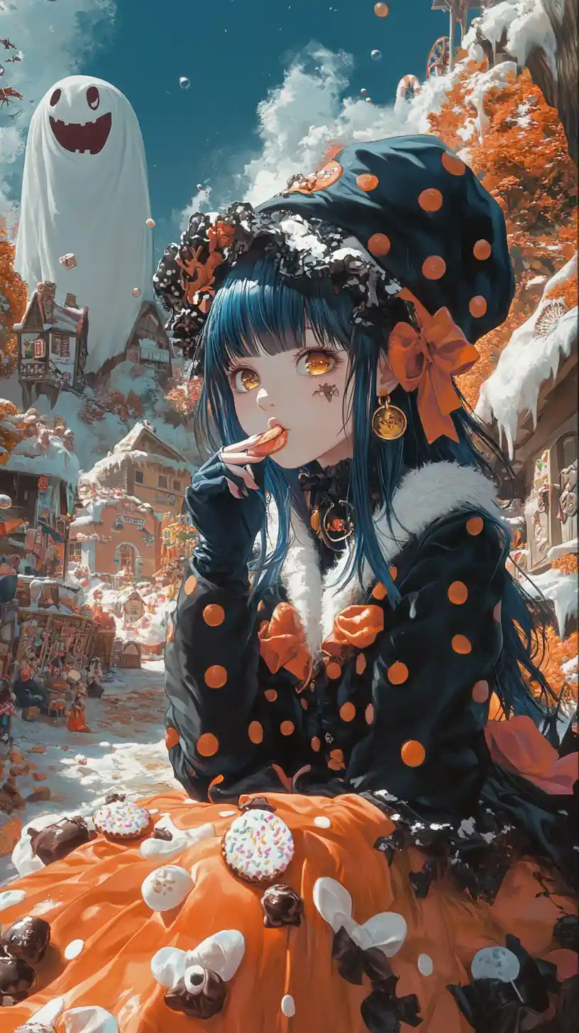 Anime girl licking a knife in a candy fantasy land