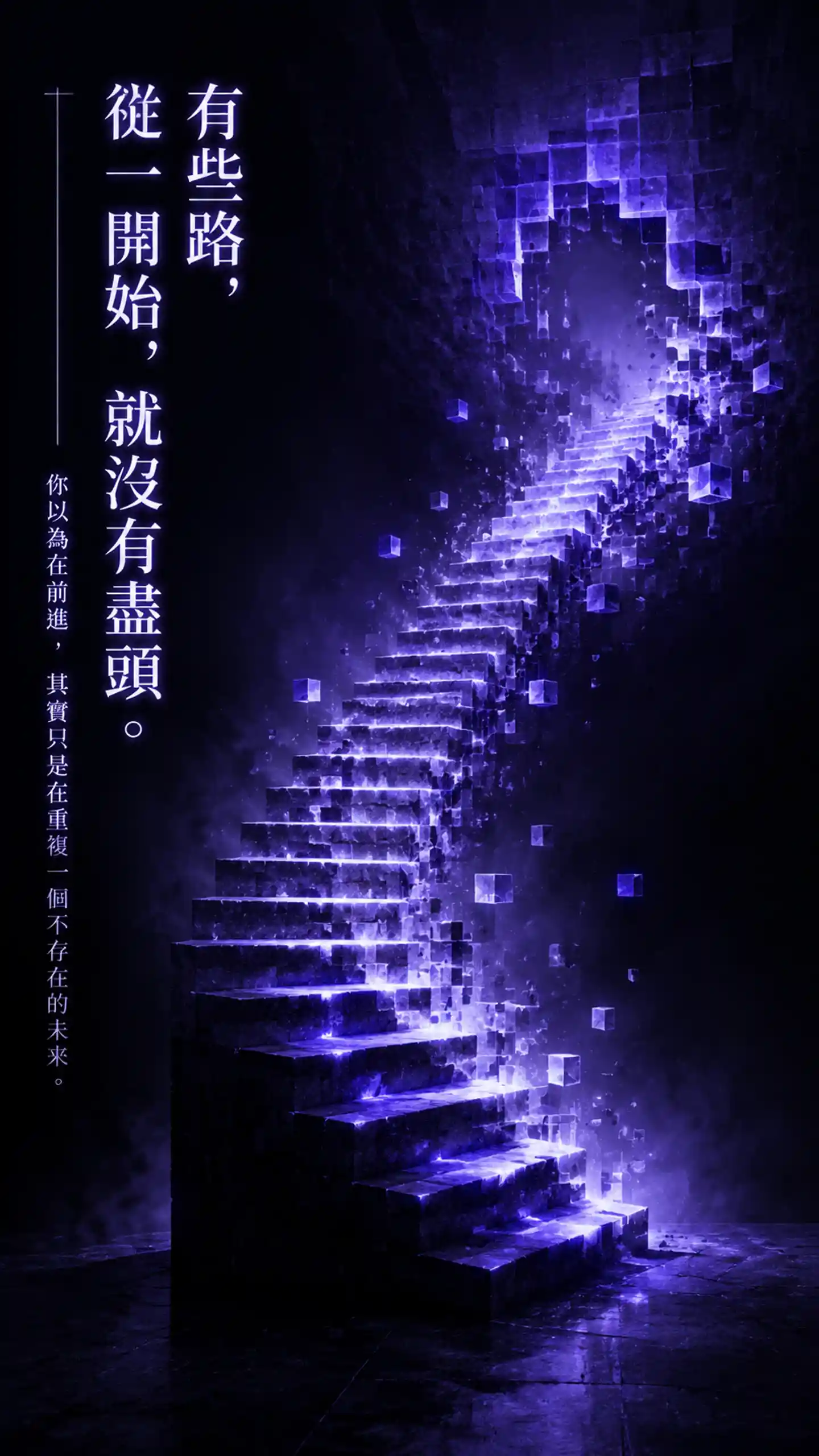 Escalera abstracta infinita que se disuelve en vóxeles luminosos