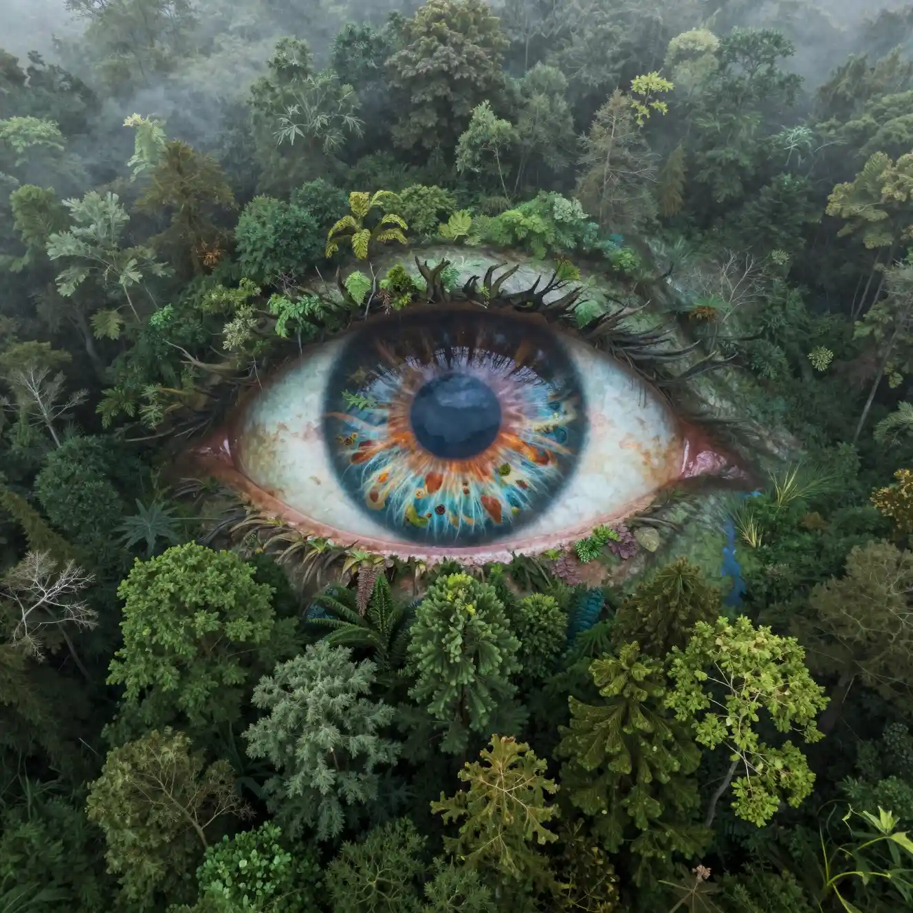 Aerial forest forming a giant human eye in morning mist