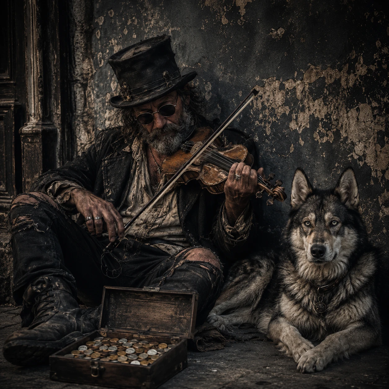 Homeless street musician playing violin beside loyal dog