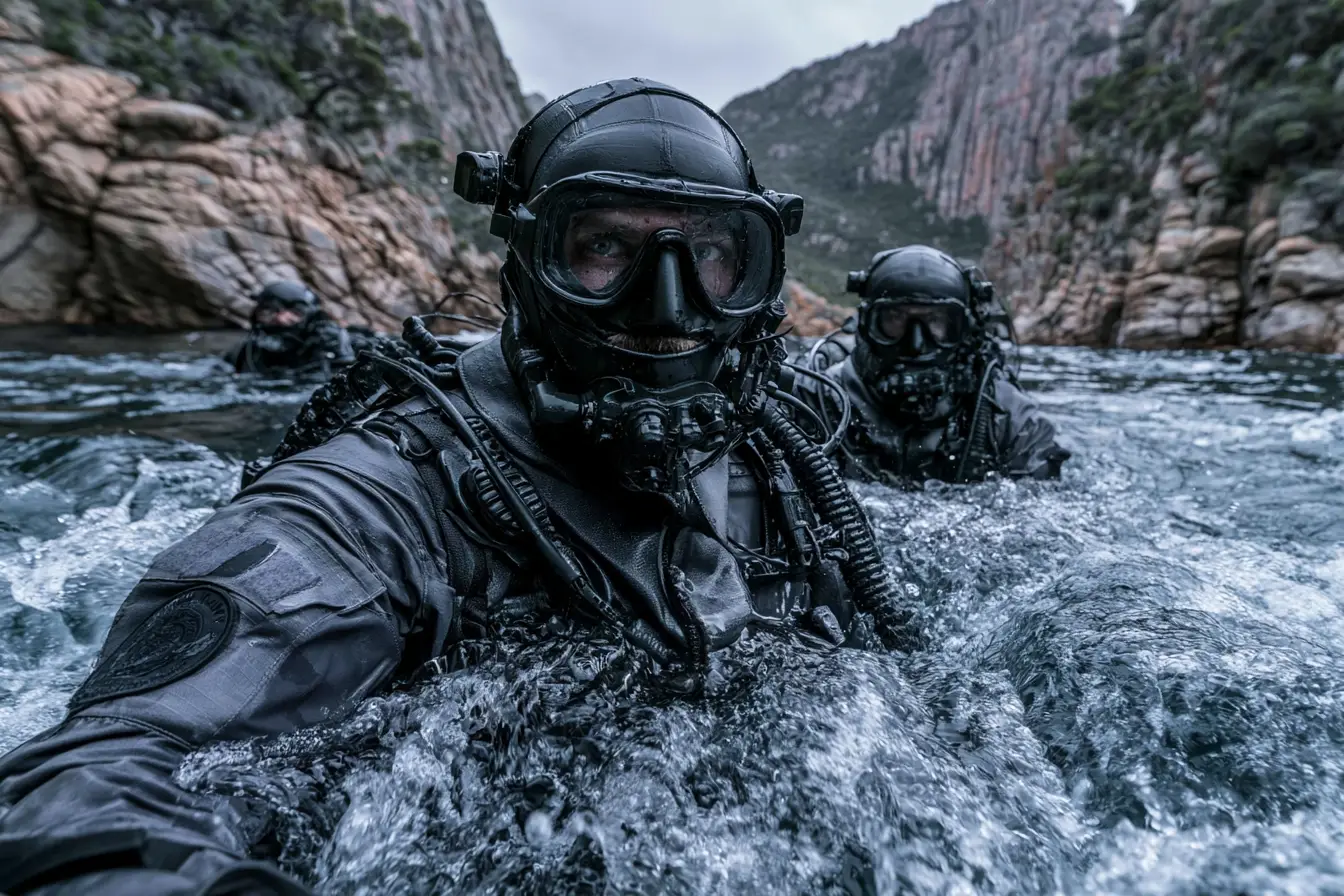 Sommozzatori militari in addestramento nelle agitate acque del Mare di Tasmania