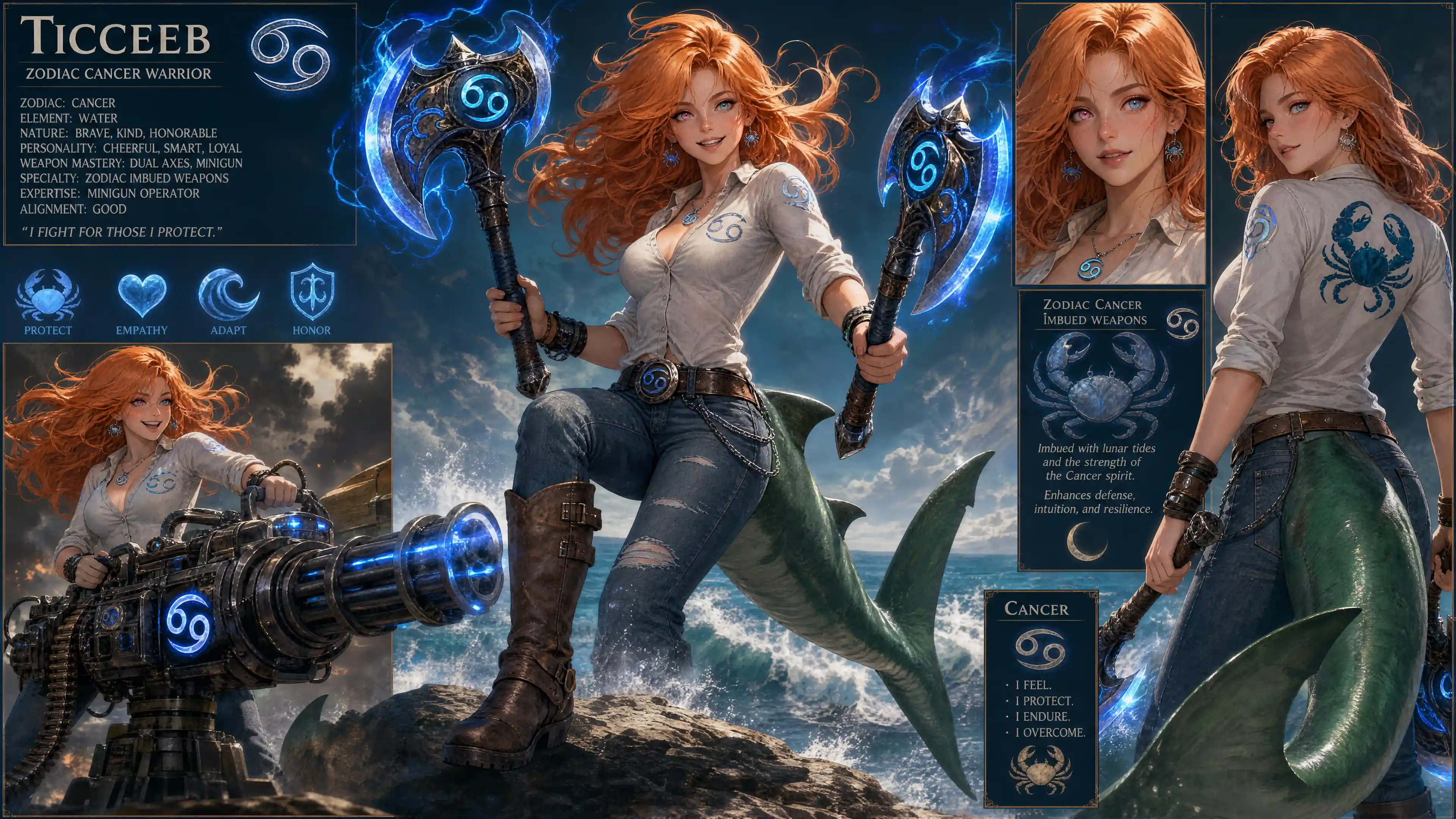 Brave shark tailed woman wielding zodiac cancer axes