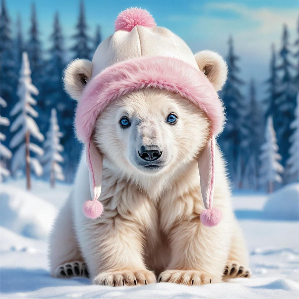 Cute polar bear cub in pink winter hat illustration