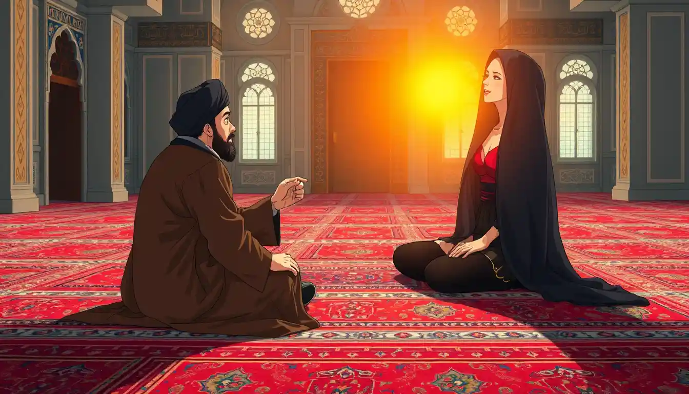 Anime woman seated on prayer rugs inside a mosque