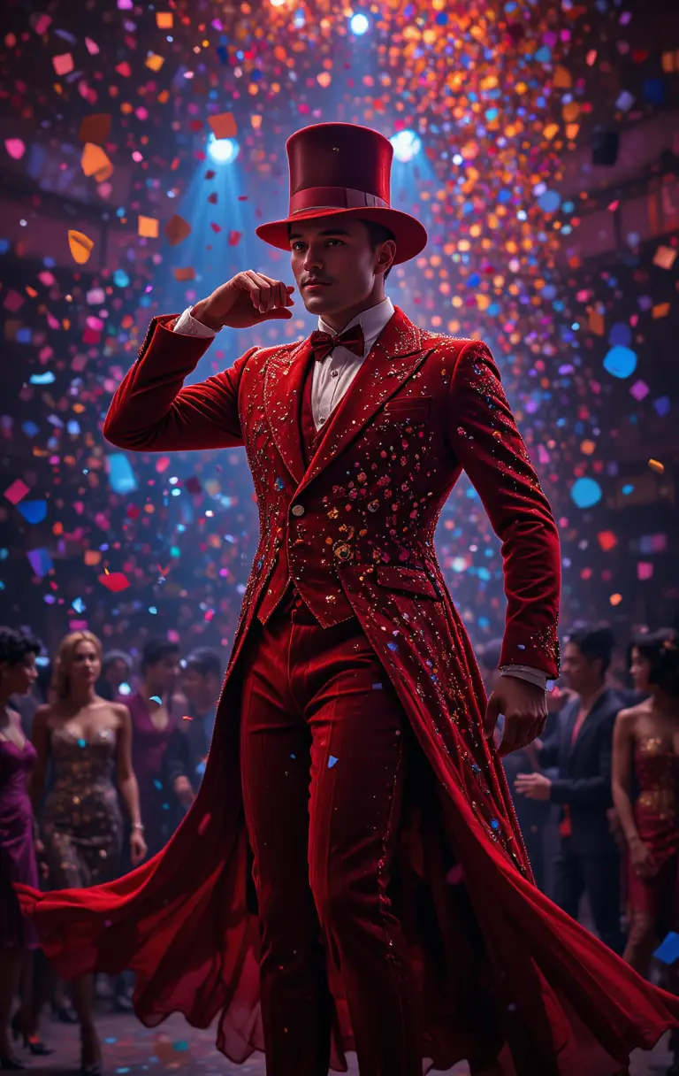 Man in red velvet suit celebrating amid swirling confetti