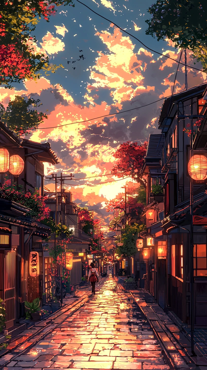 Retrato de chica de anime bajo un cielo de atardecer dramático