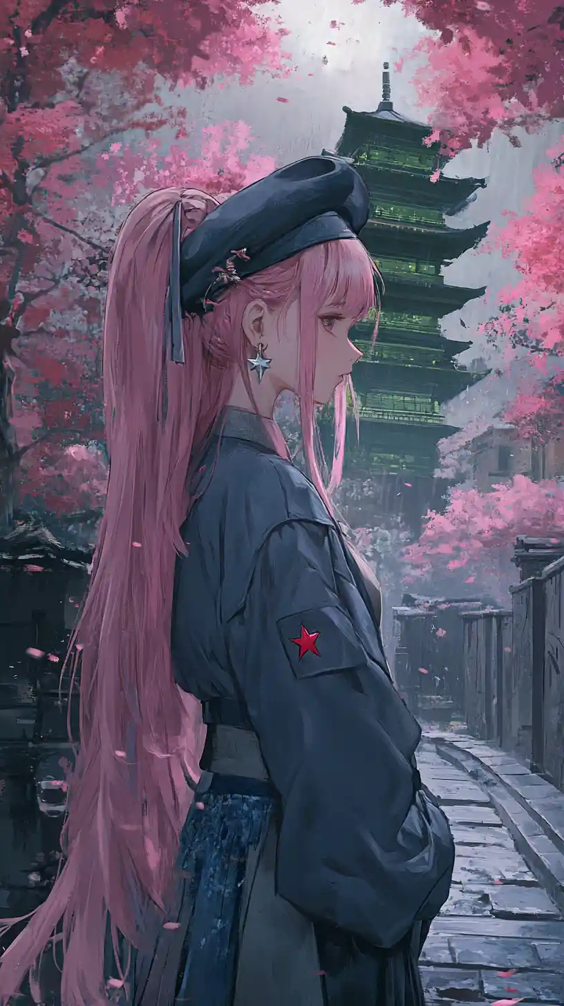 Anime girl on a city street with a distant concrete tower