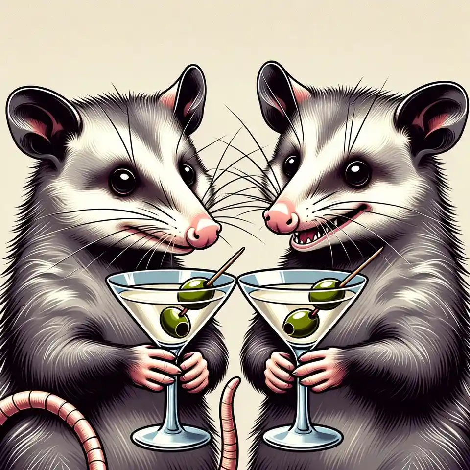 Two cartoon opossums sipping martinis in retro style