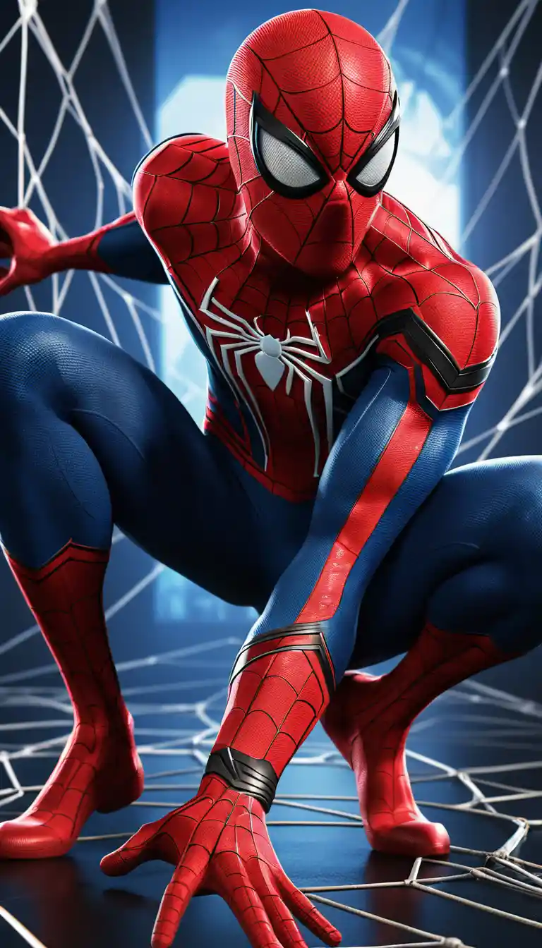 Spider themed superhero swinging webs in a 3D action scene