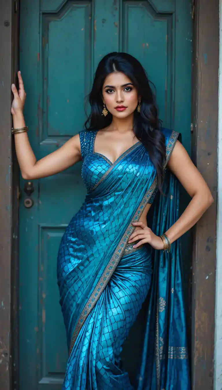 Elegant woman in glossy saree leaning by wooden doorway