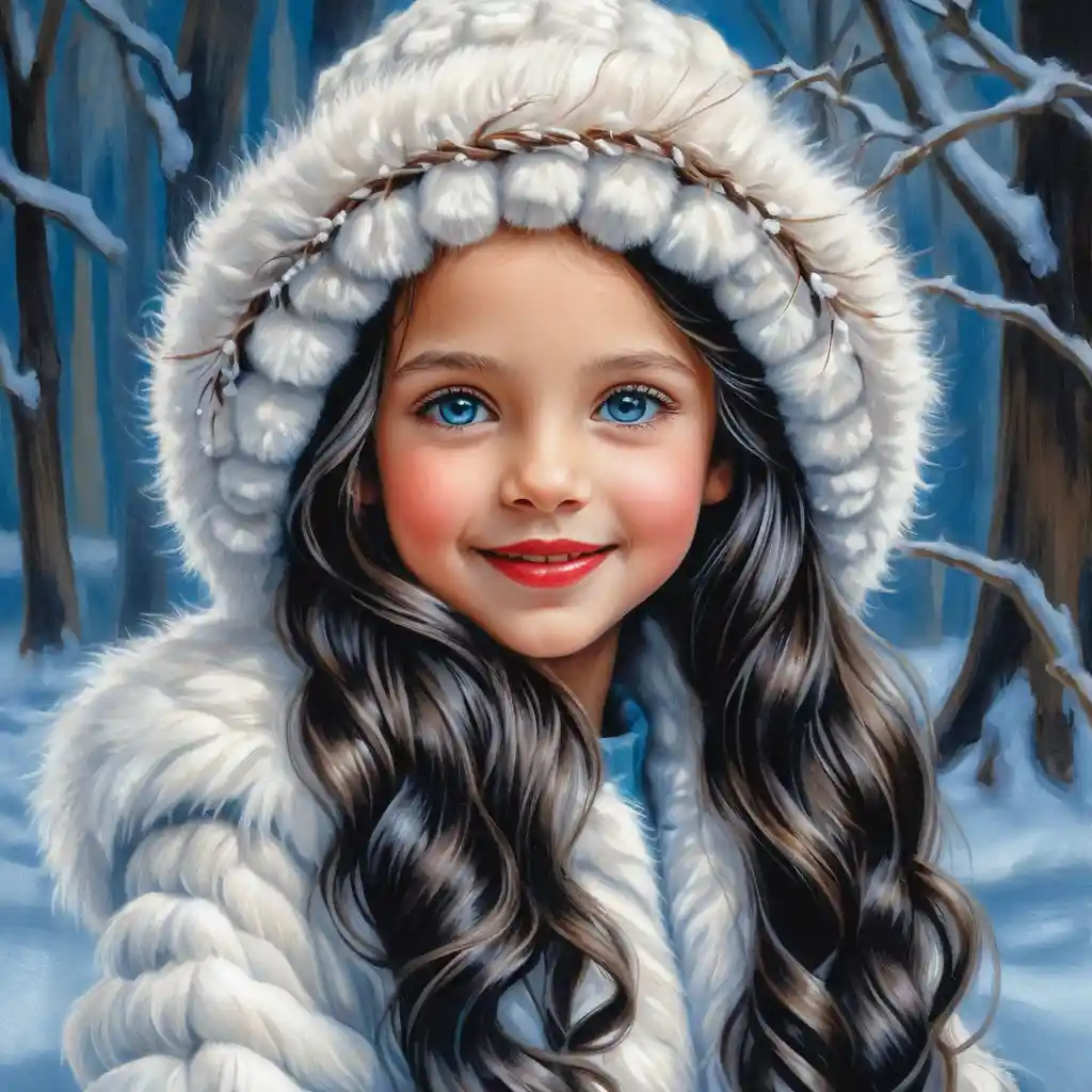 Smiling Winter Girl In White Fur Coat And Hat