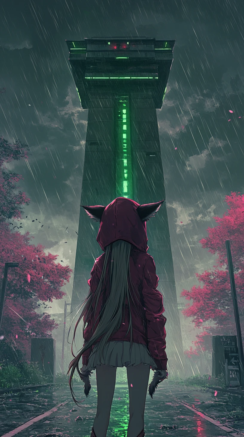 Anime girl before a glowing tower with pink storm trees