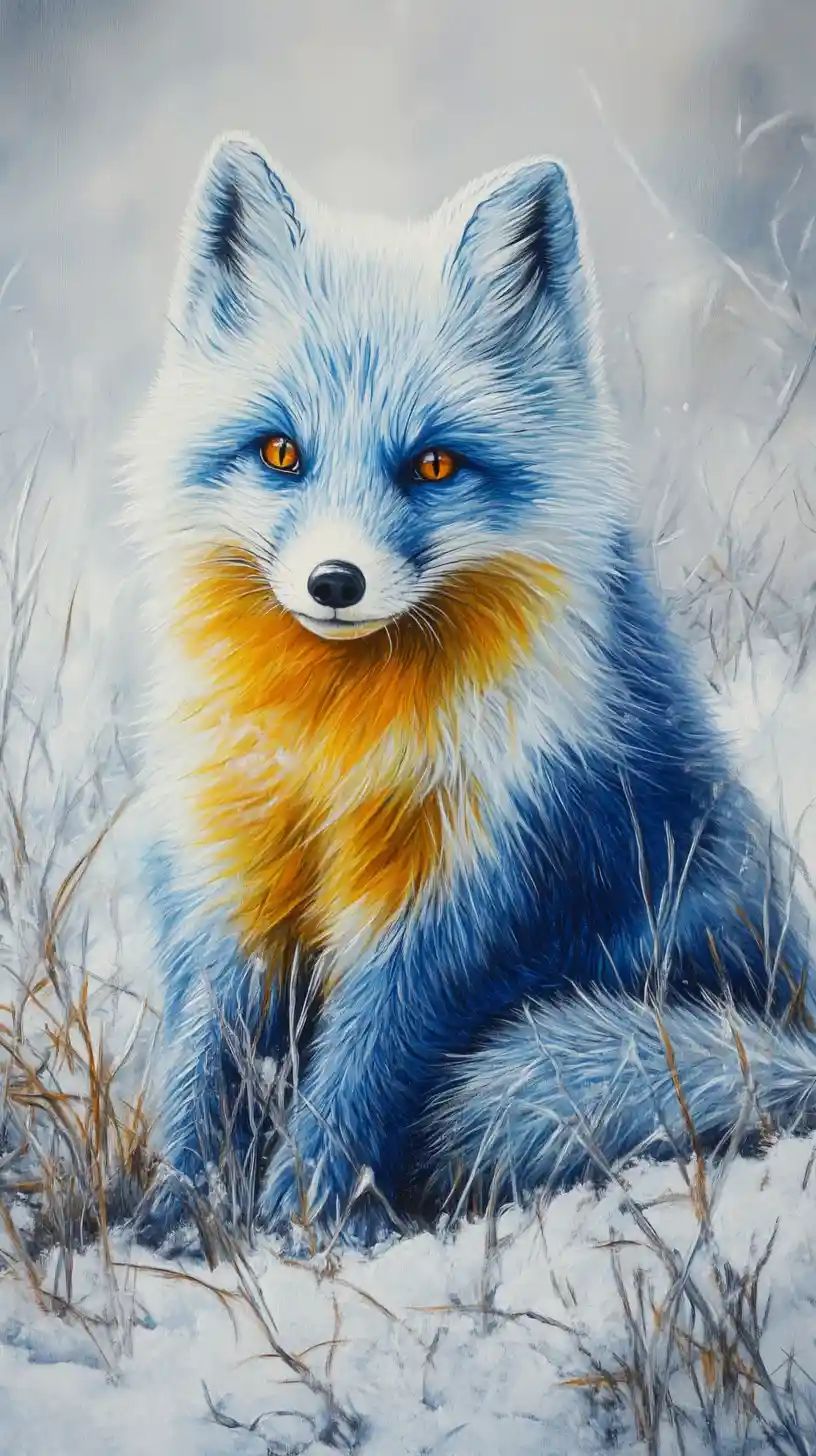 Fantasy arctic fox painting with blue and yellow fur in snow