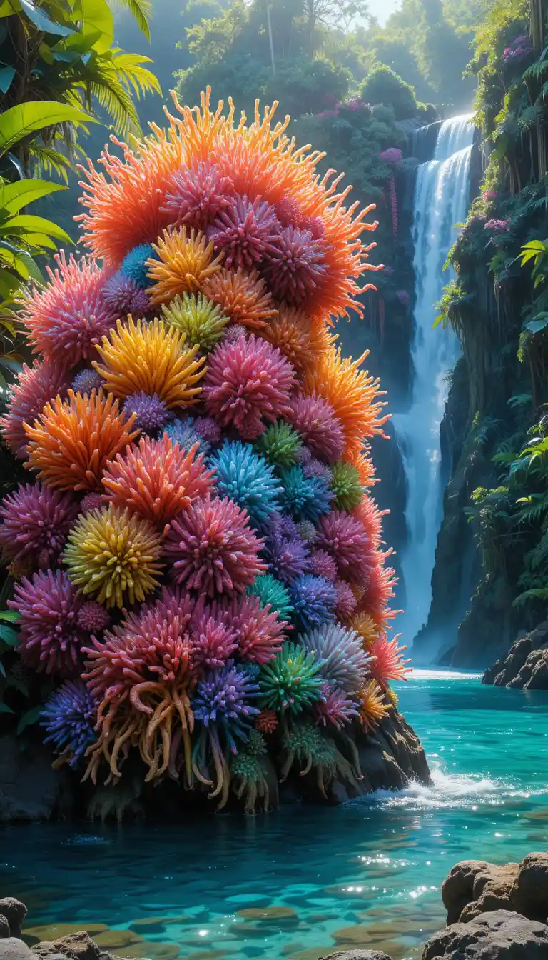 Tropical shrub with rainbow coral like blossoms by water