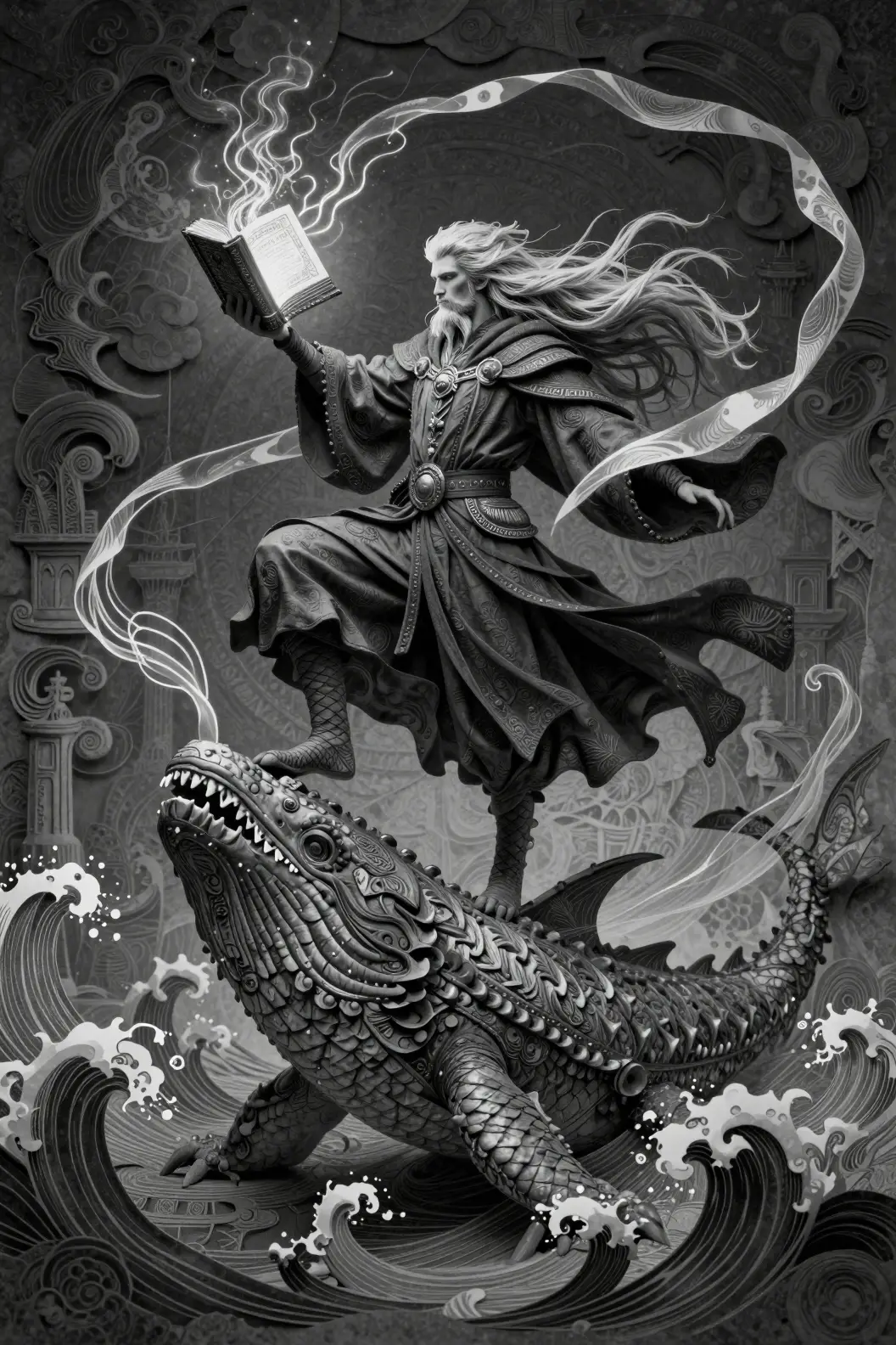在利維坦上保持平衡並持有發光魔法書的魔法師
