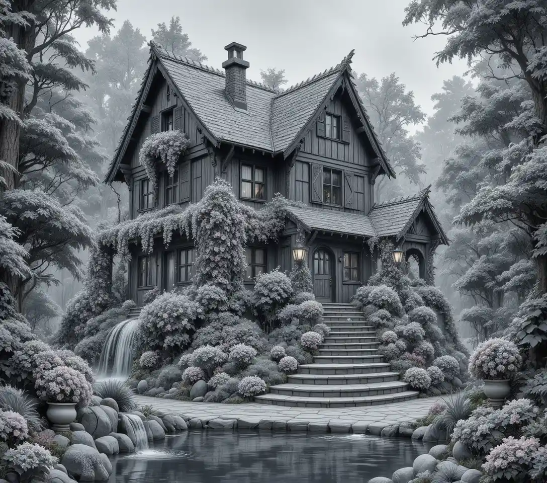 Enchanted vine covered house with cascading flowers in gray