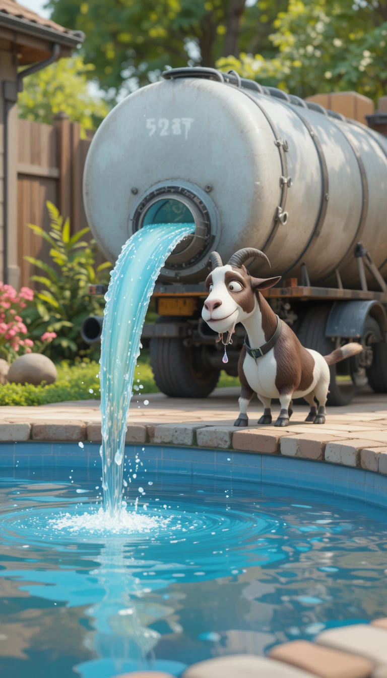 Playful goat pumping water from a panda swimming pool