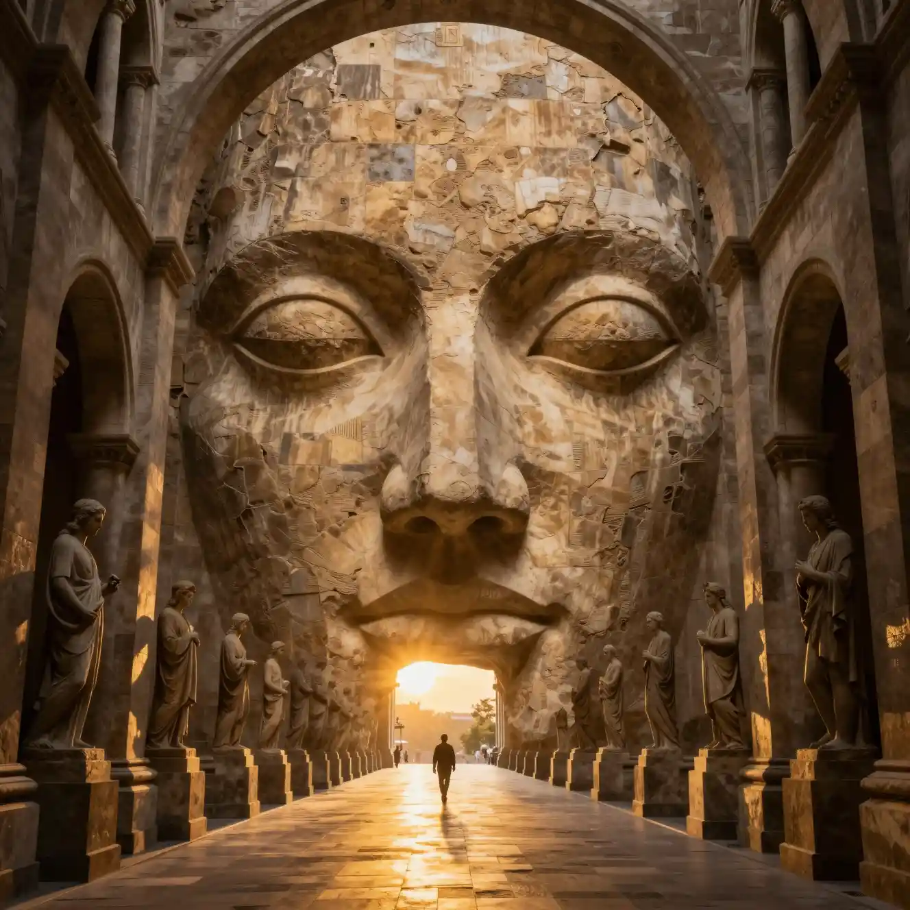 Ancient Stone Face Illusion In Grand Cathedral Corridor