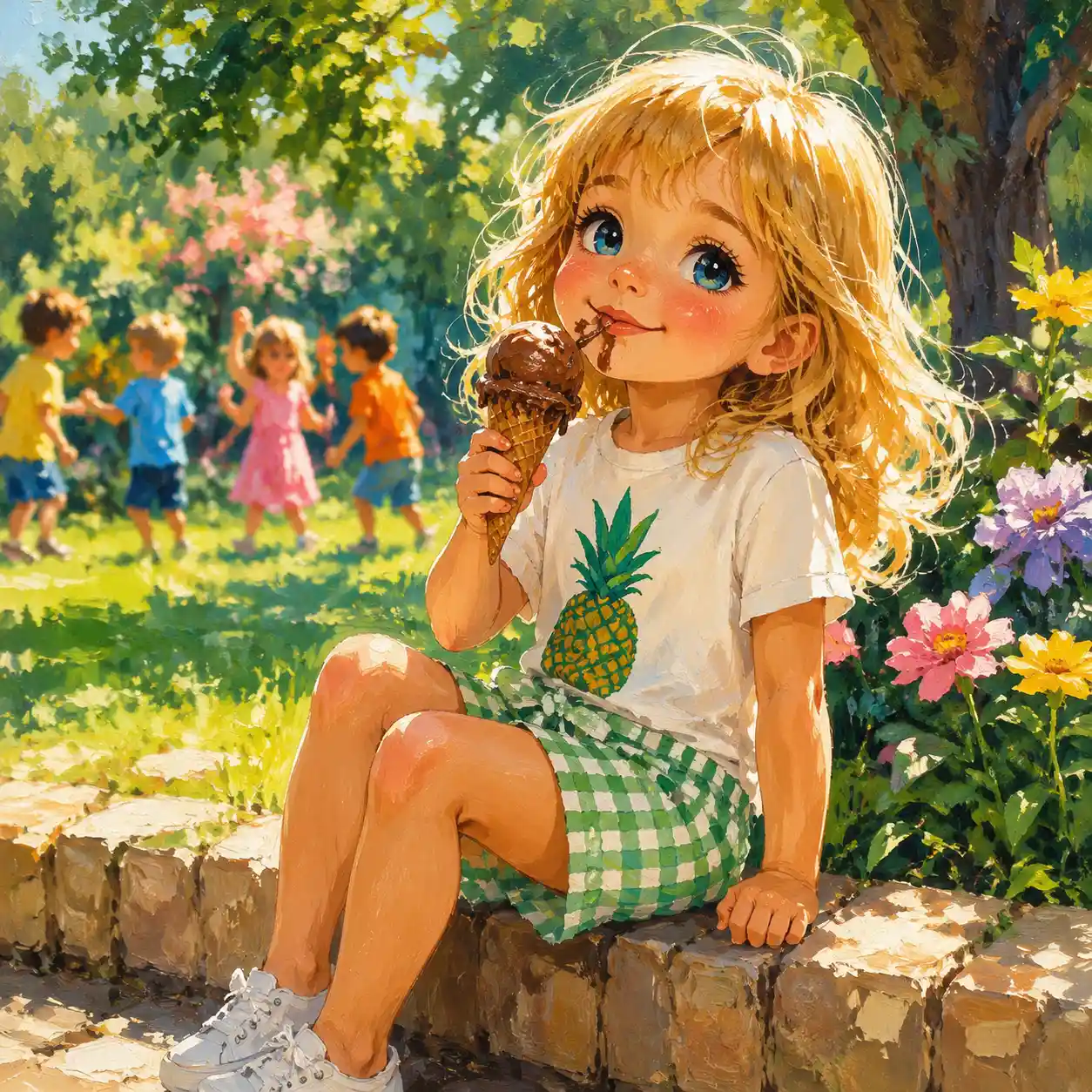 Bambina che mangia un gelato al cioccolato in un giardino soleggiato