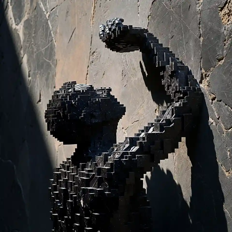 Pixelated shadow cast sharply across a simple wall