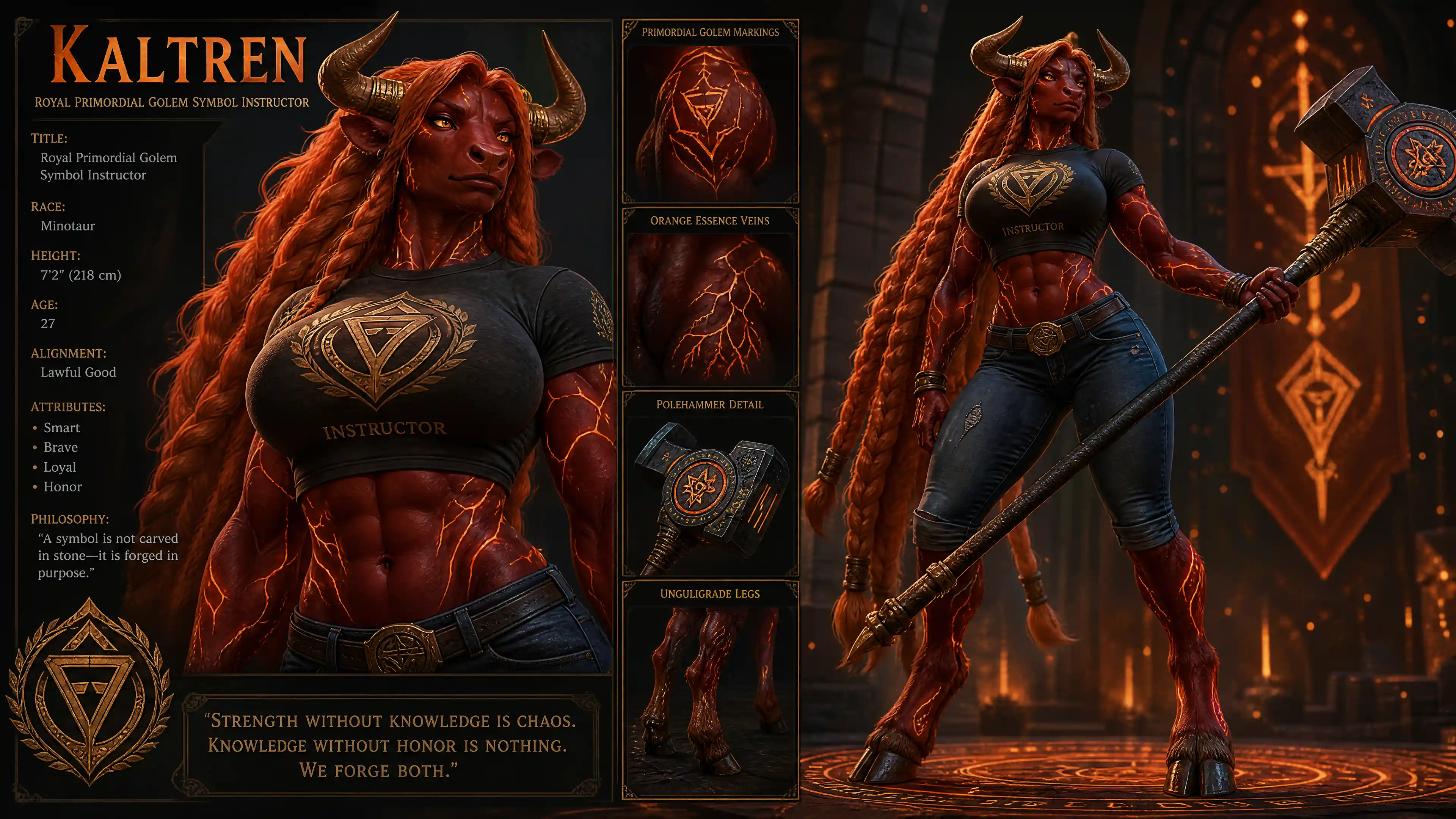Powerful horned fantasy woman with glowing golem markings