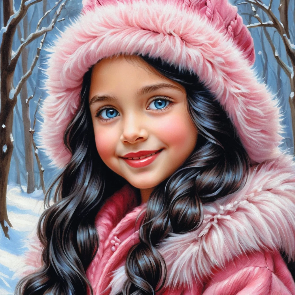 Smiling winter girl in pink fur coat and hat portrait
