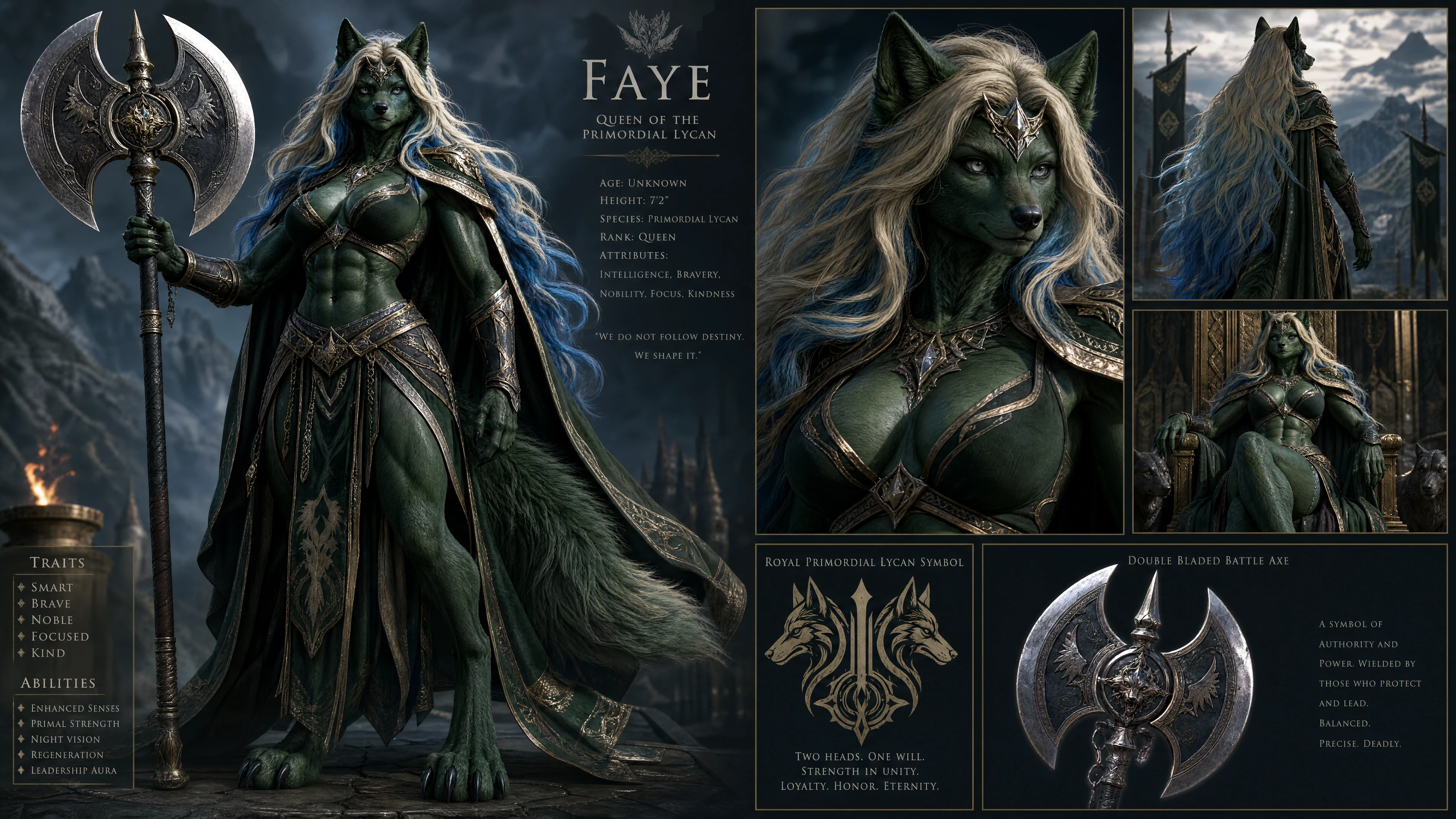 Regal primordial lycan queen with axe and sculpted physique