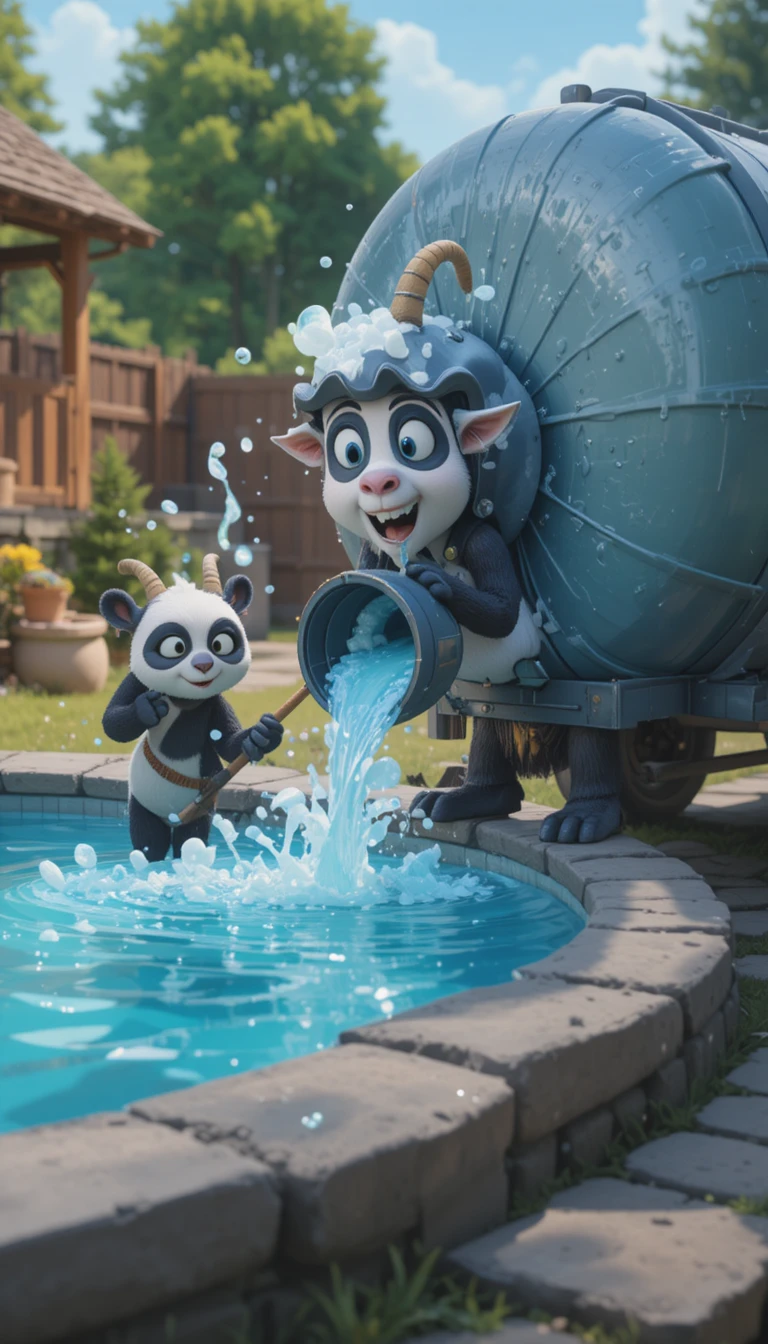 Mischievous goat draining a backyard pool with water pump