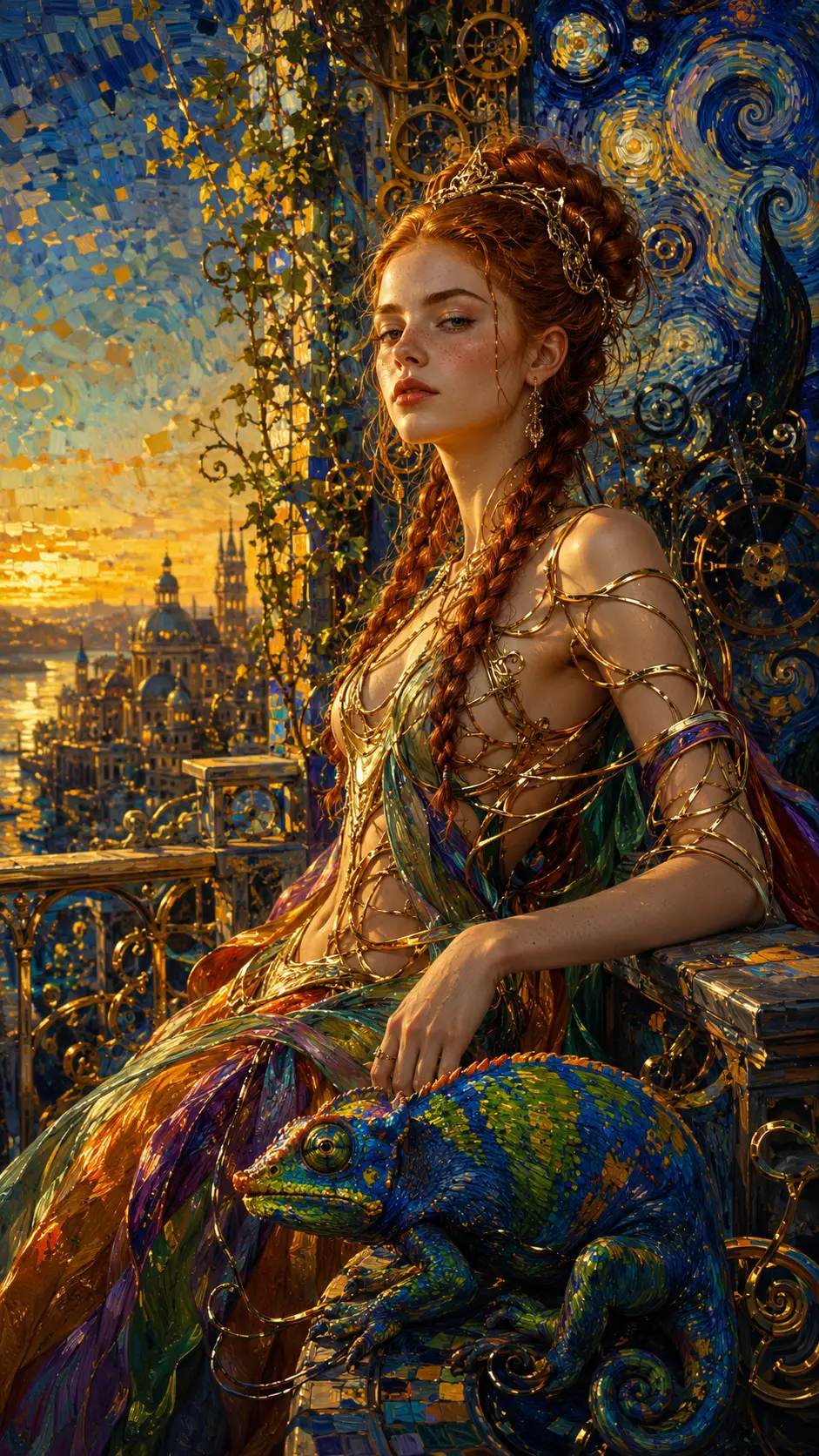 Princess on gilded balcony at dawn in surreal style