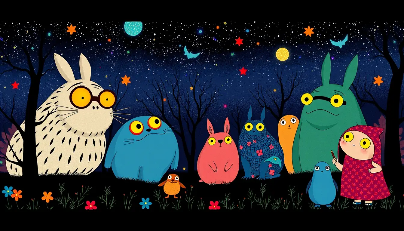 Colorful retro fantasy characters in graphic design style