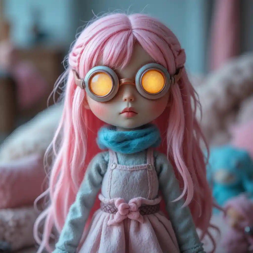 Cute Felt Cyberpunk Girl Doll With Pastel Pink Hair