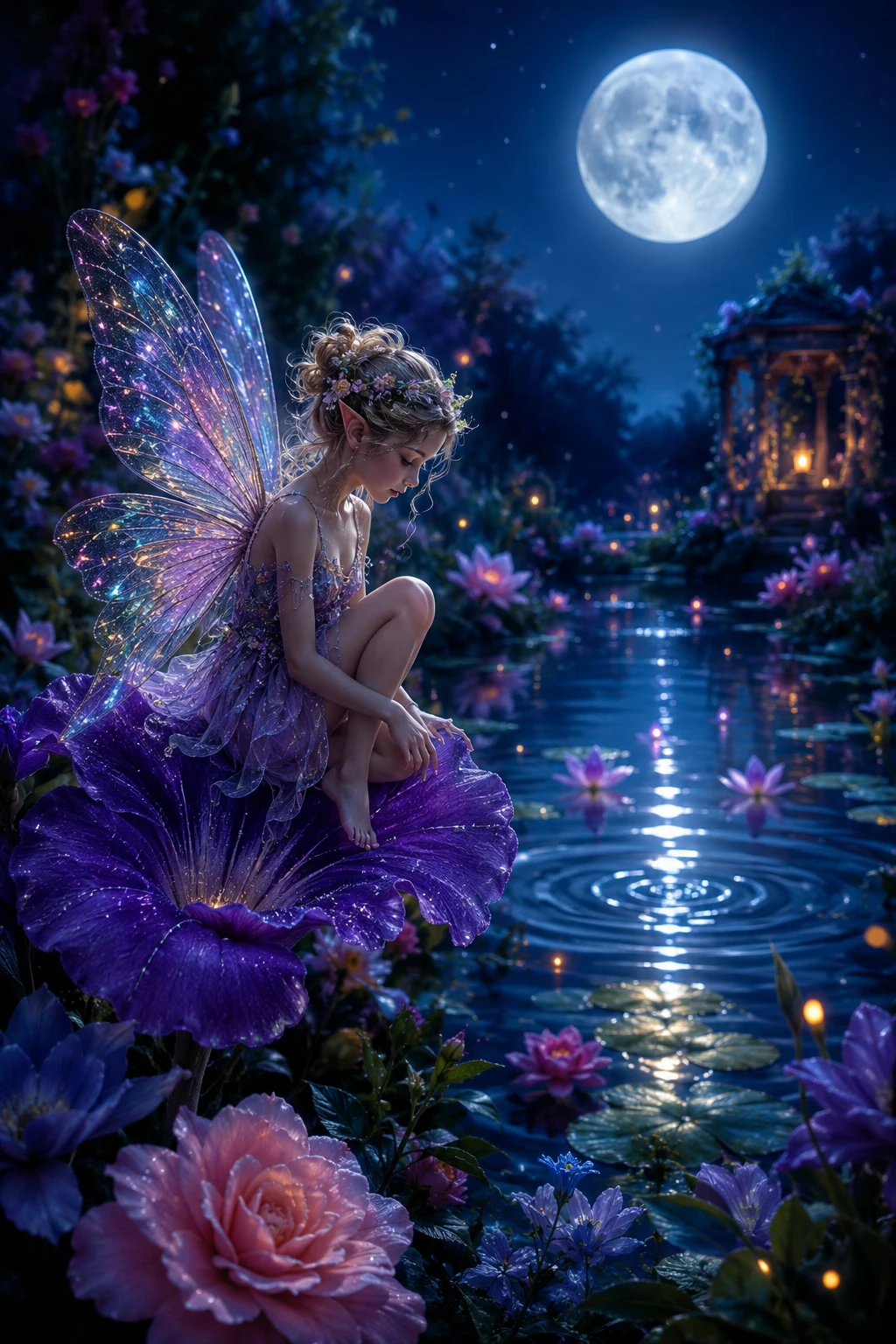 Fairy Resting On A Flower Petal Under The Full Moon