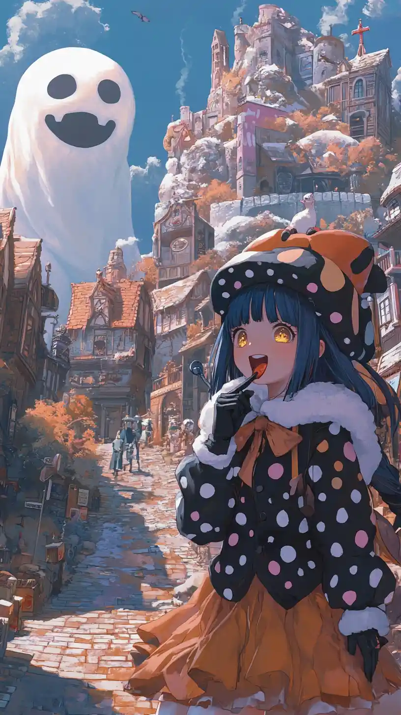 Anime girl licking a knife in a whimsical candy land
