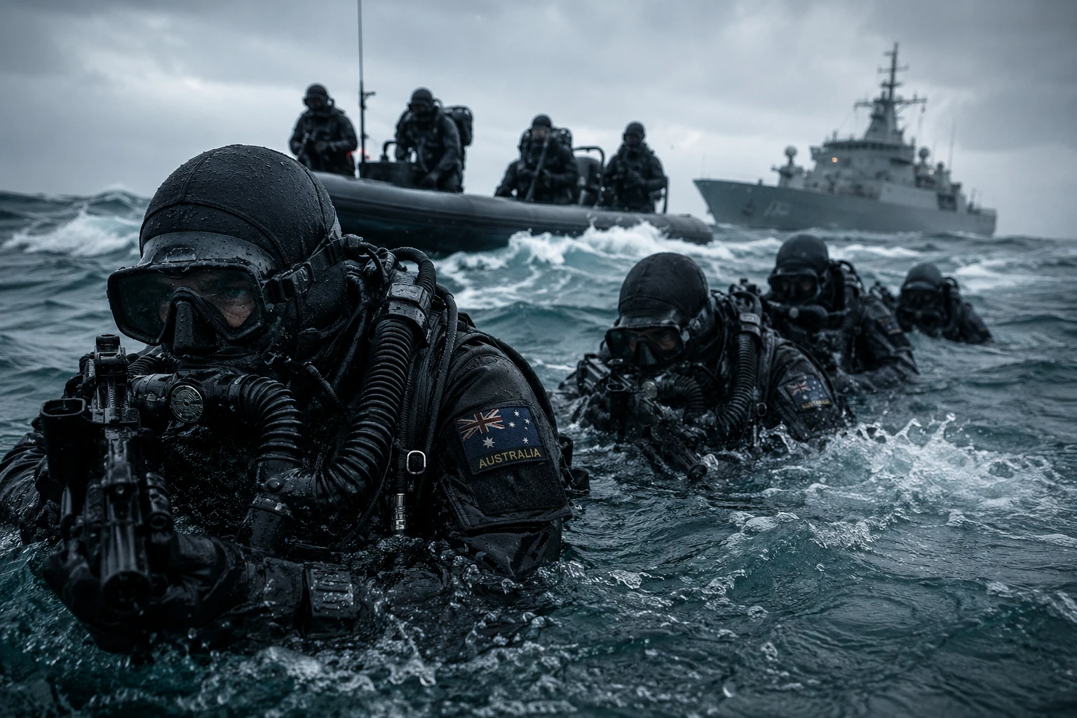 Military divers training in rough open sea waters