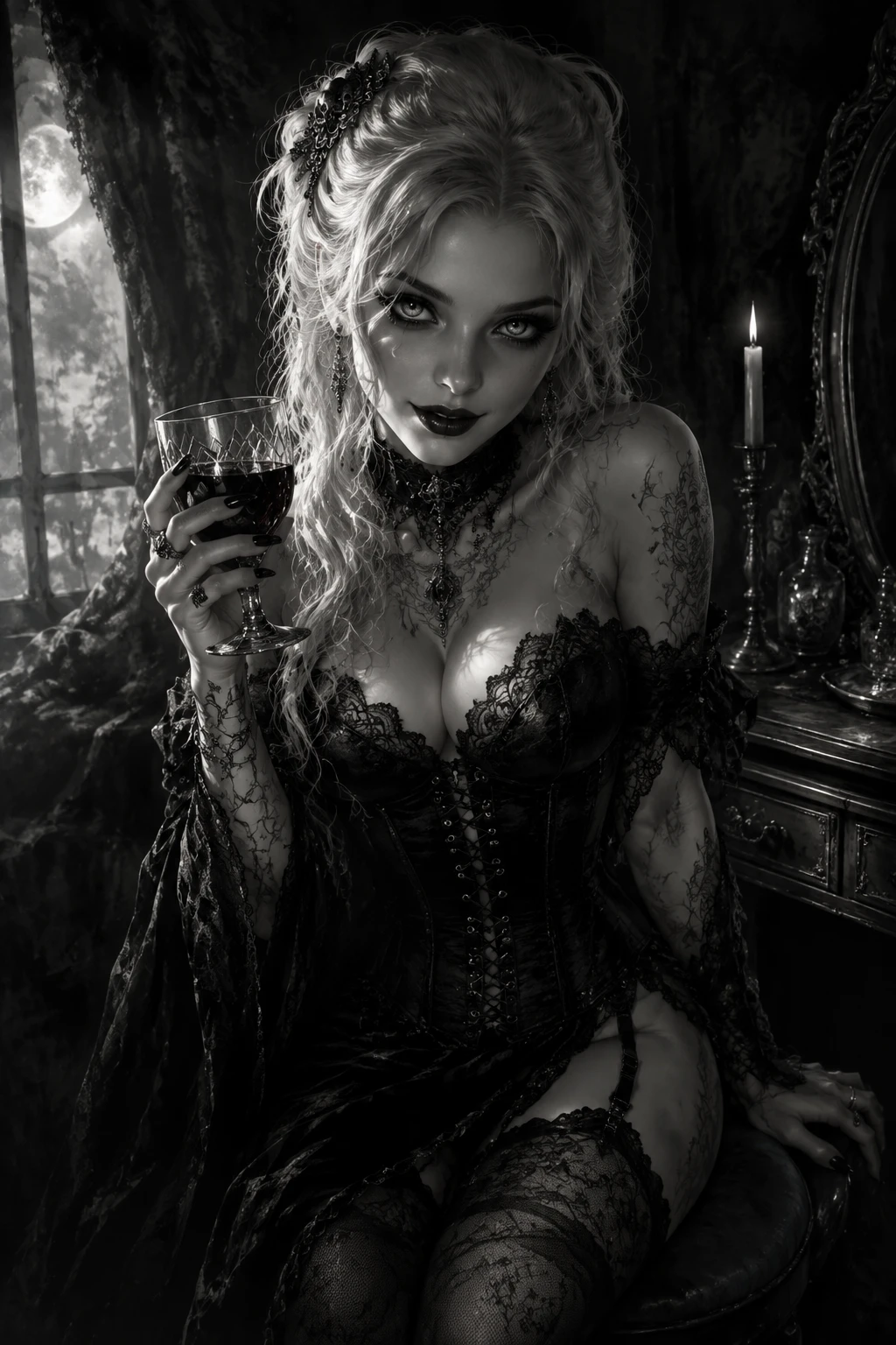 Gothic vampire woman in monochrome corset portrait