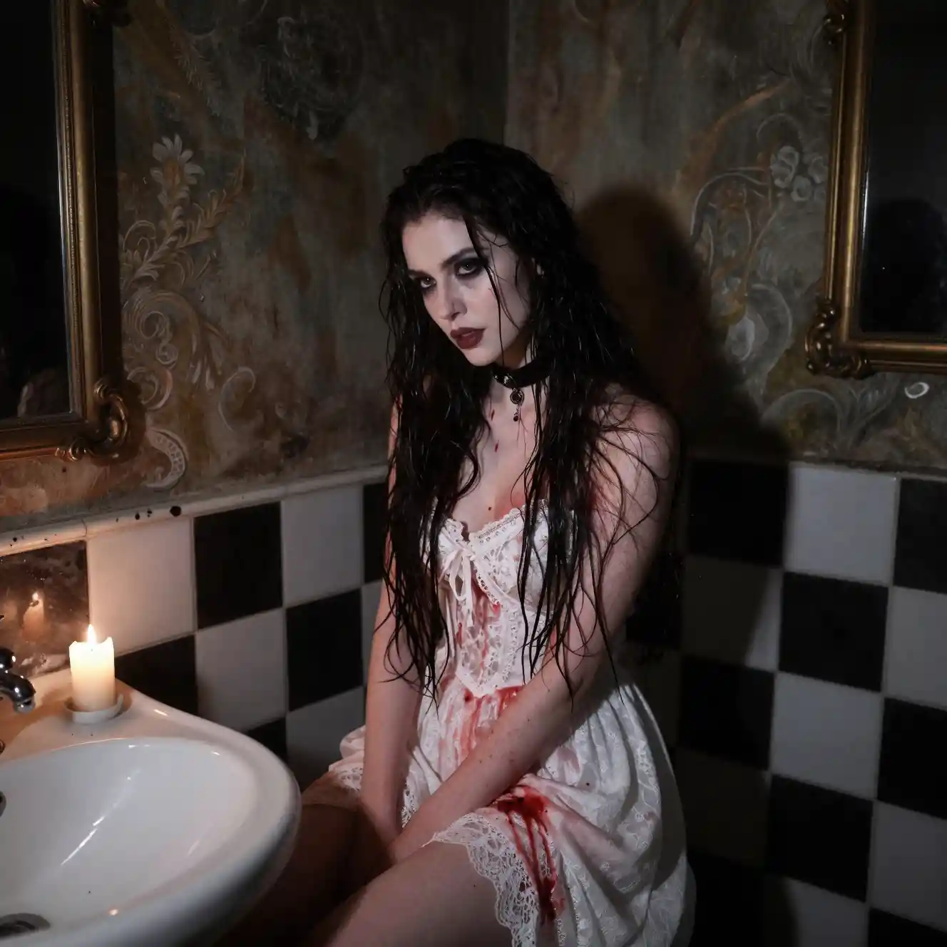Vampire woman in bloodstained lace dress by candlelight
