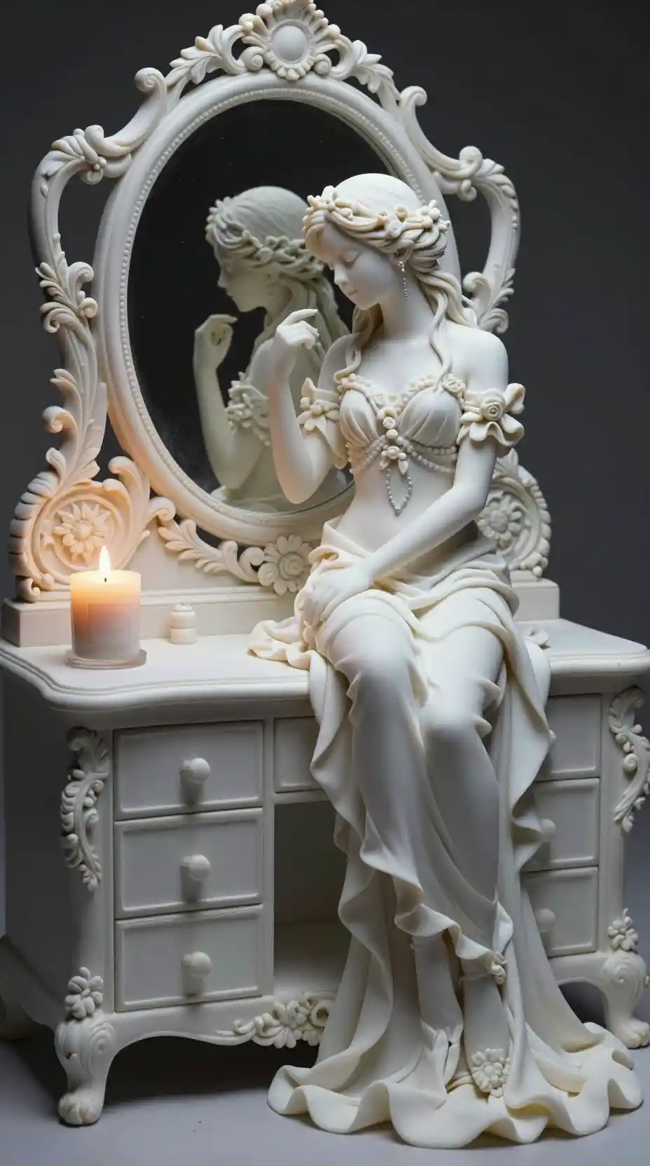 Porcelain sculpture on vanity table with glowing candle