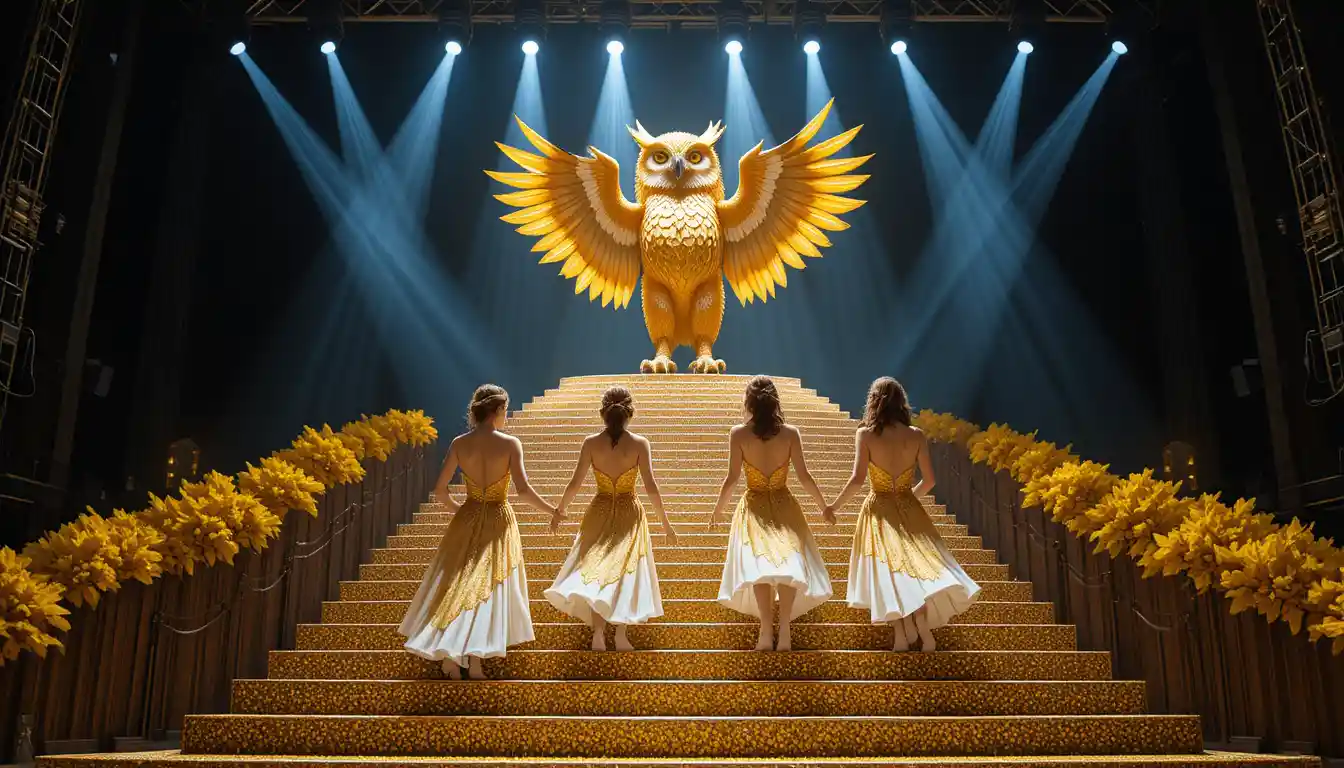Golden stage procession toward a glowing owl figure