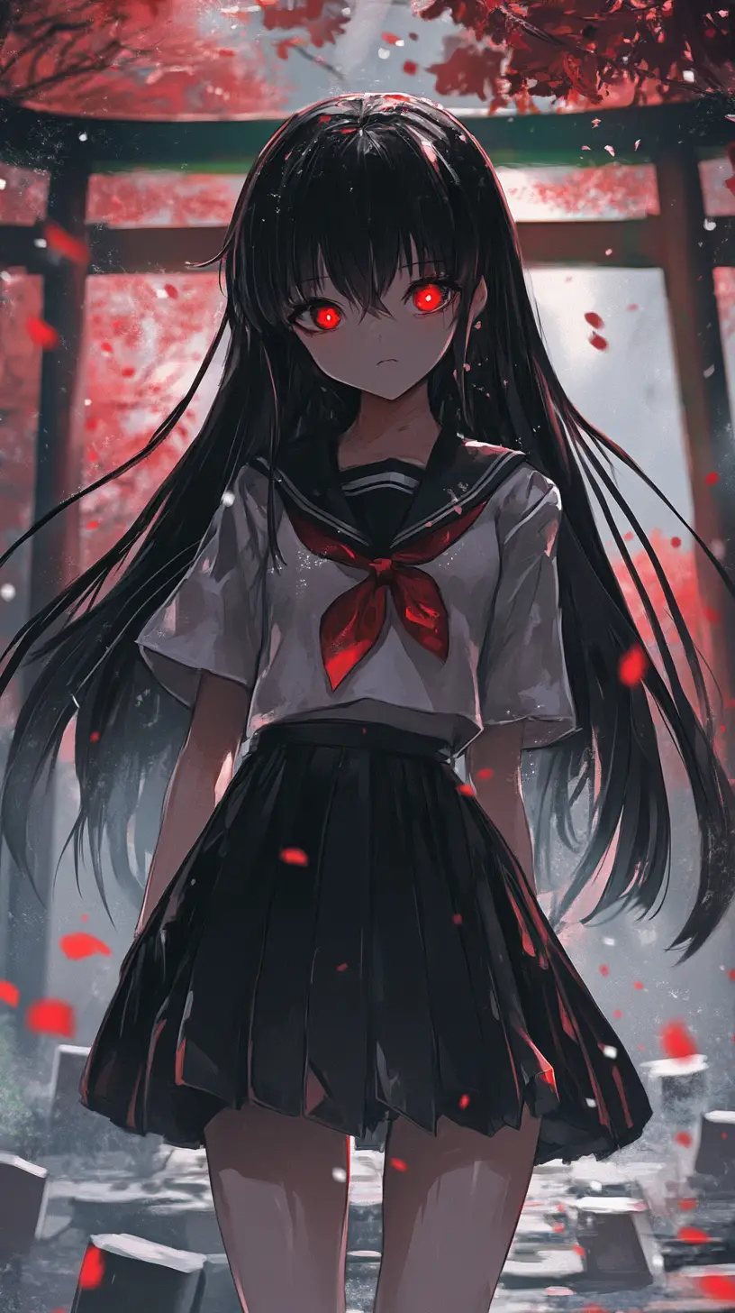 Sad anime girl with red eyes in a long dark outfit