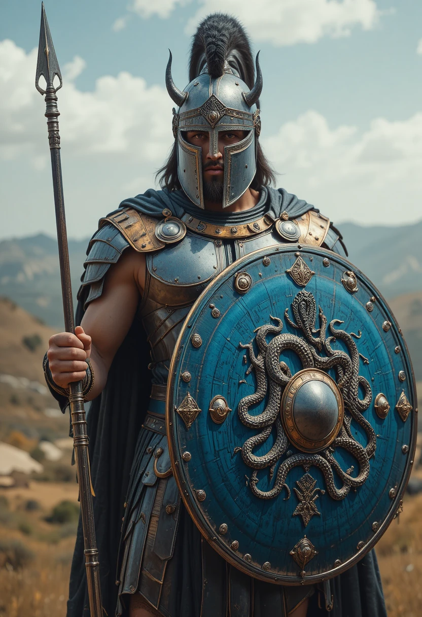 Armored king fastening greaves and cuirass for battle