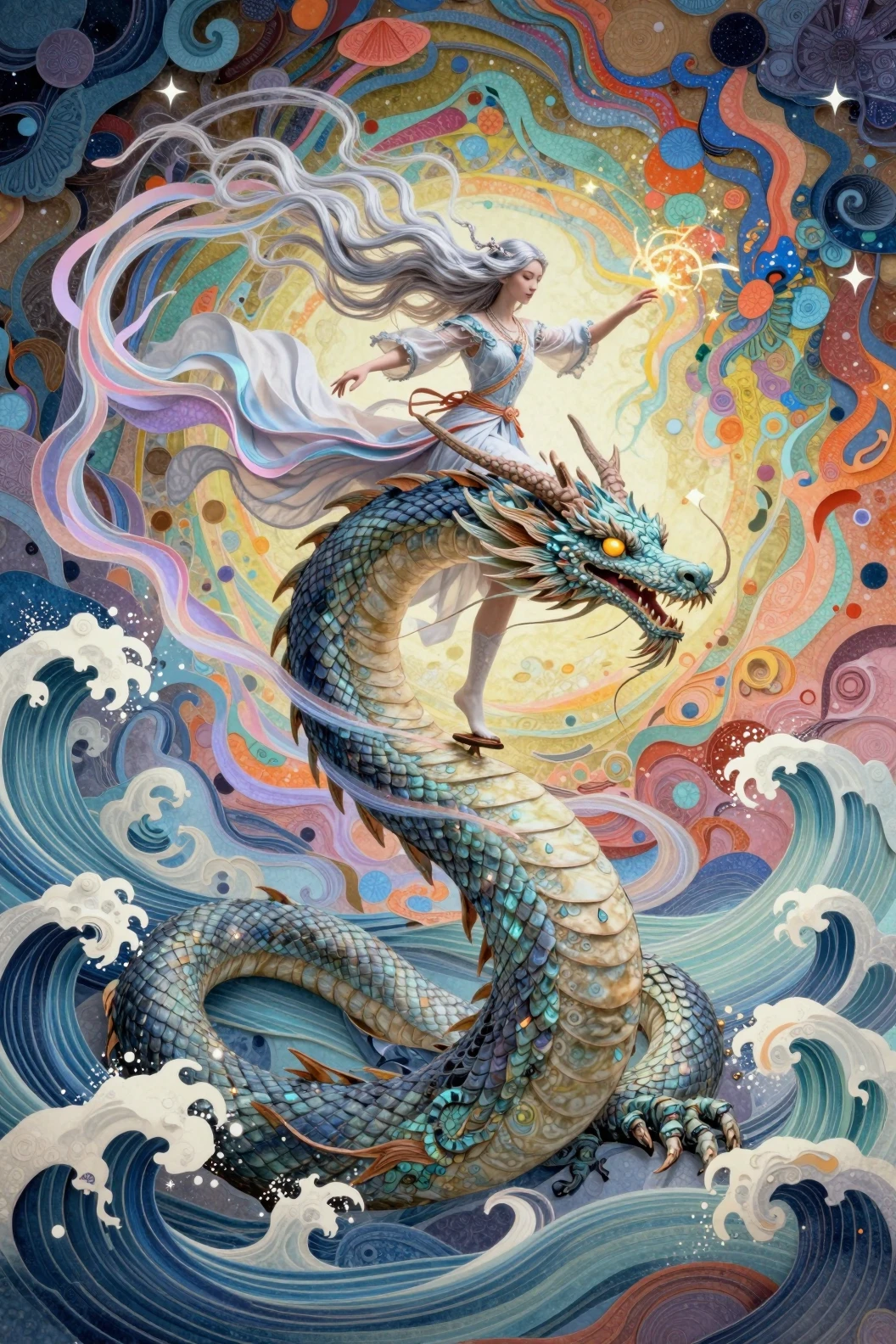 Mystical sorcerer balancing on a dragon amid swirling energy