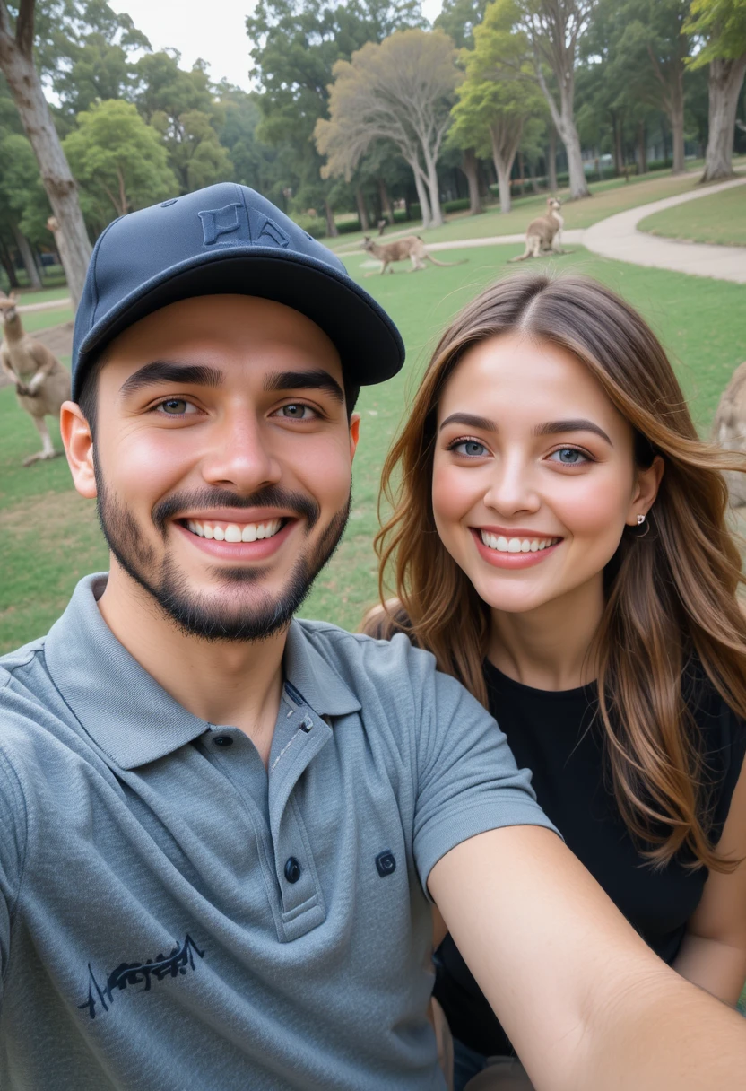 Happy couple selfie in a green park with kangaroos
