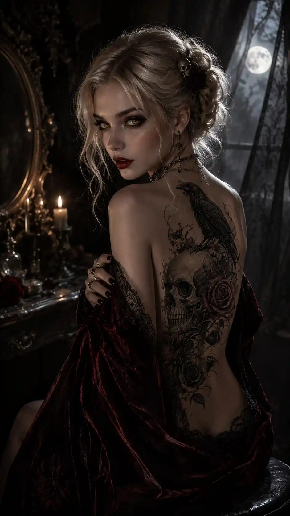 Gothic vampire woman in moonlit dressing chamber portrait