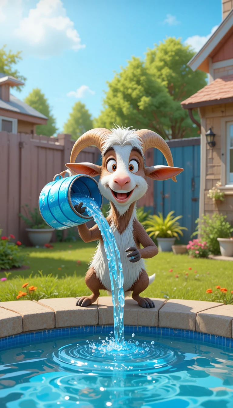 Joyful goat filling a new backyard swimming pool