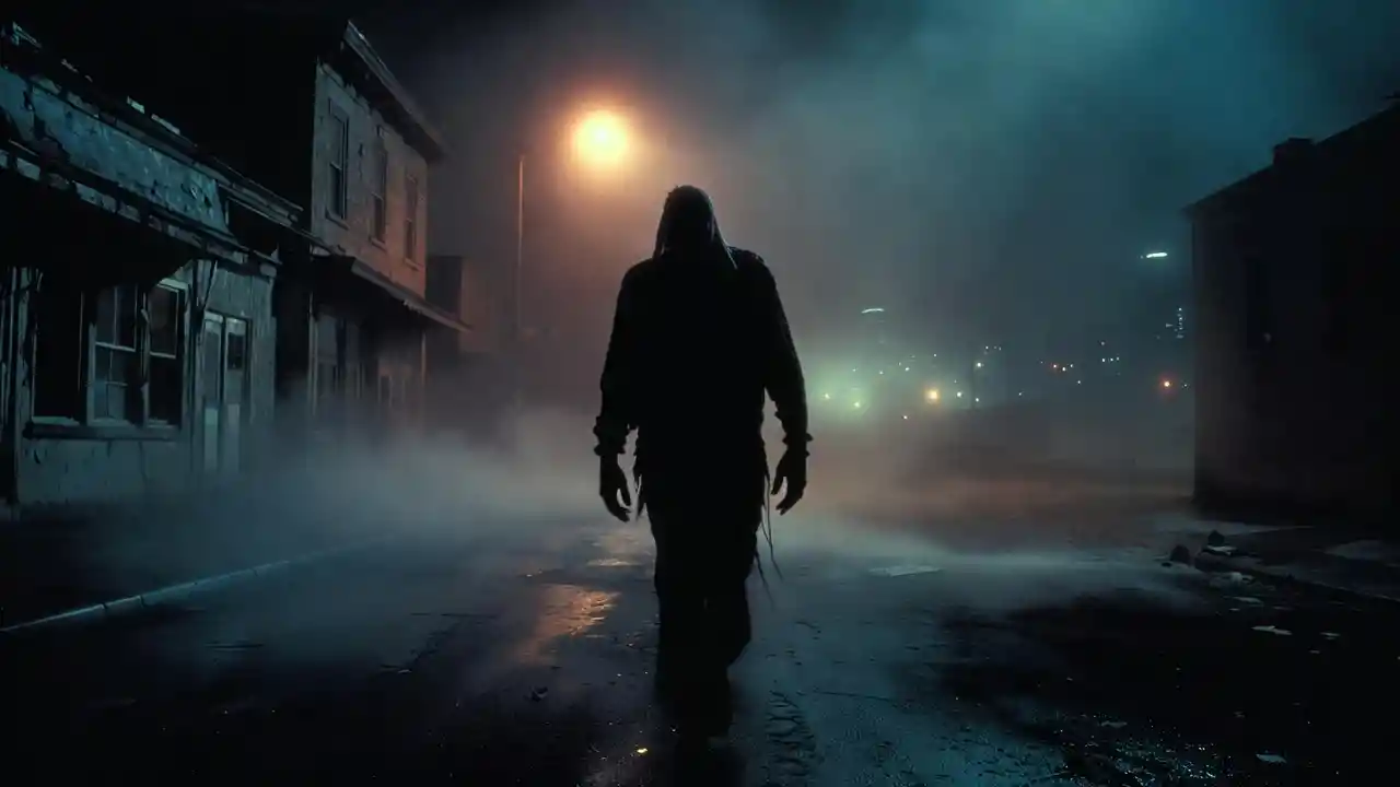 Menacing man walking down foggy detroit street at midnight