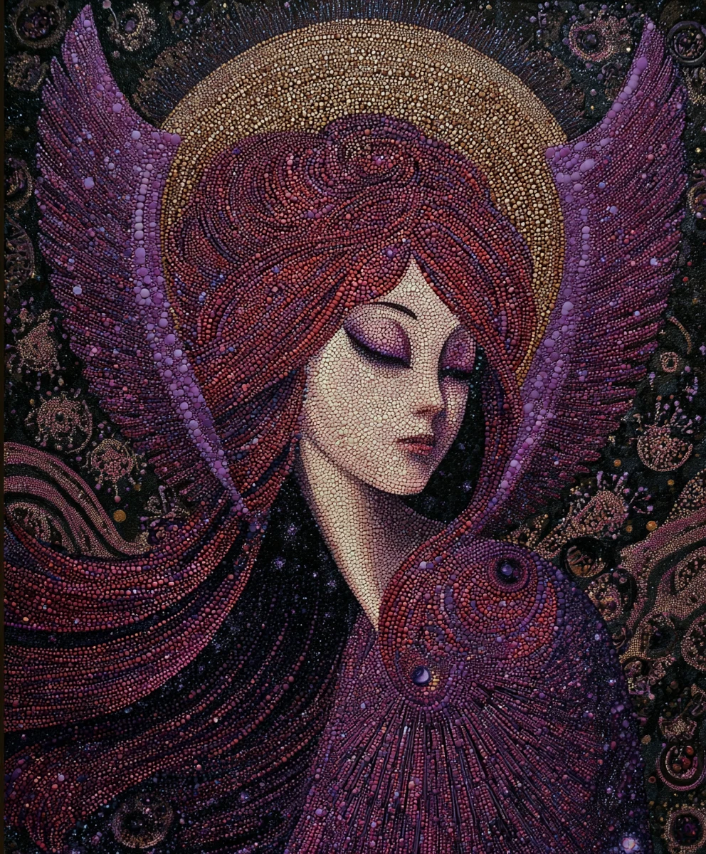 Diosa angelical surreal con ojos vibrantes y cuerpo filiforme