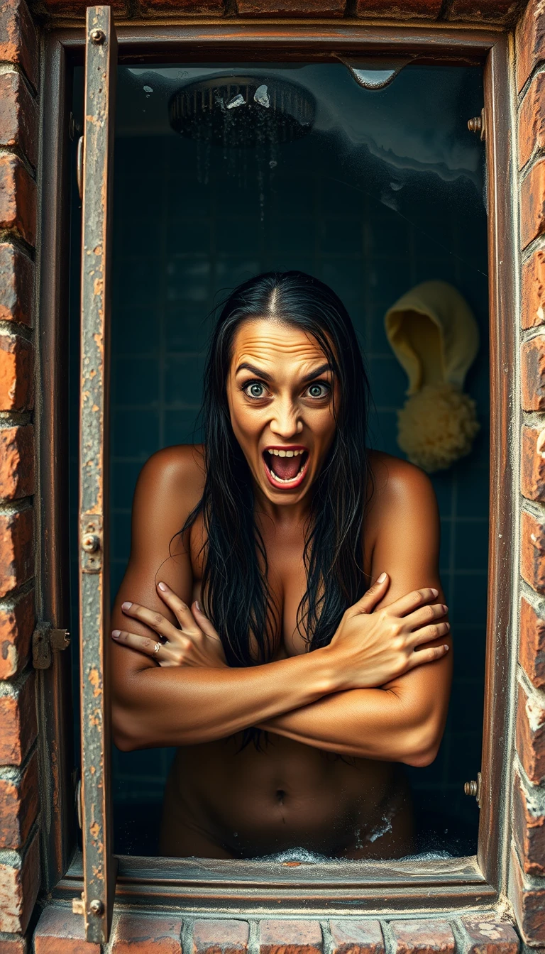 Panicked woman in steamy tiled bathhouse seen from above