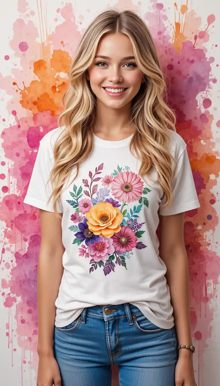 Smiling blond girl in floral tee on colorful abstract background