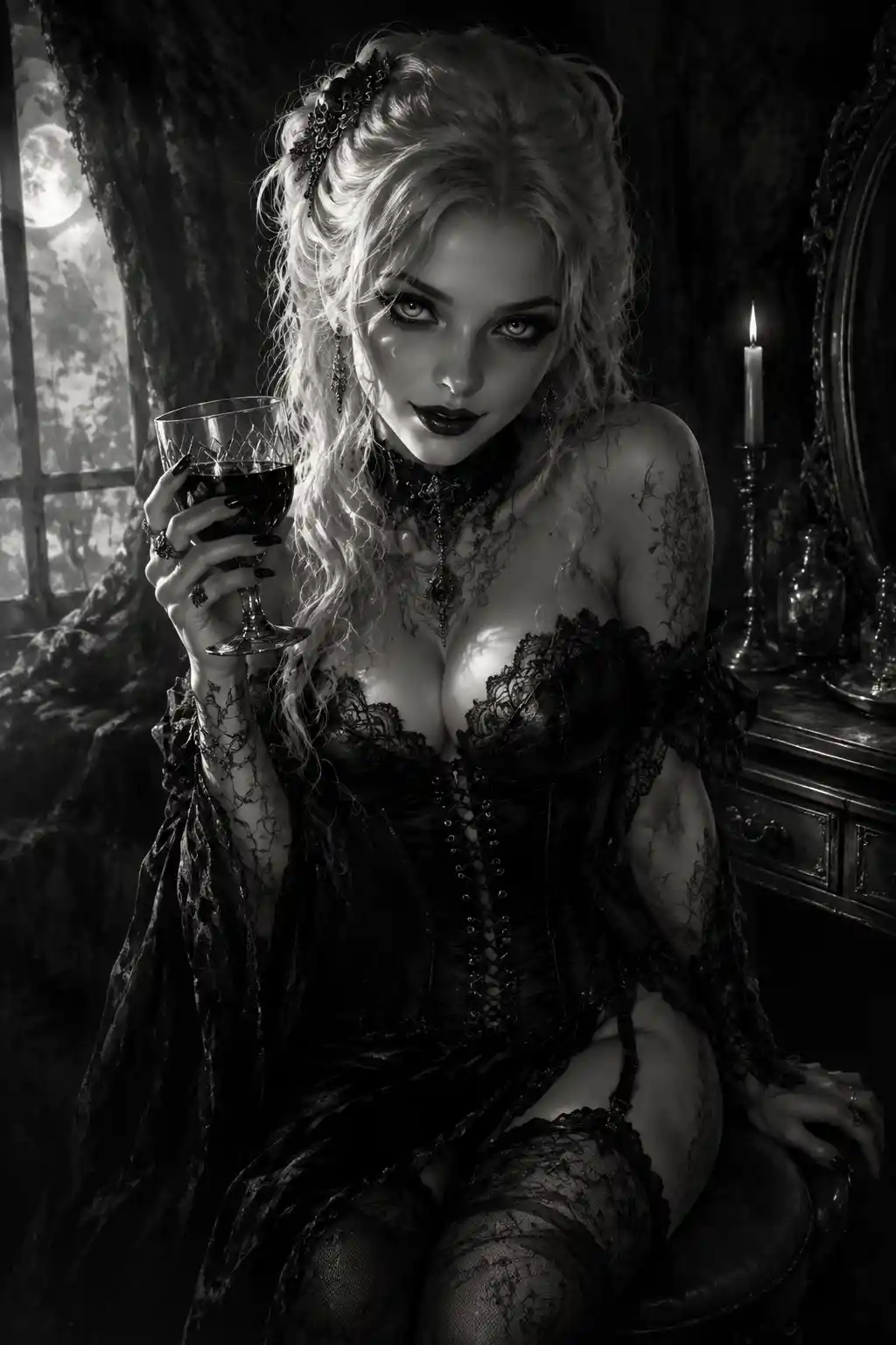 Gothic vampire woman in monochrome corset portrait