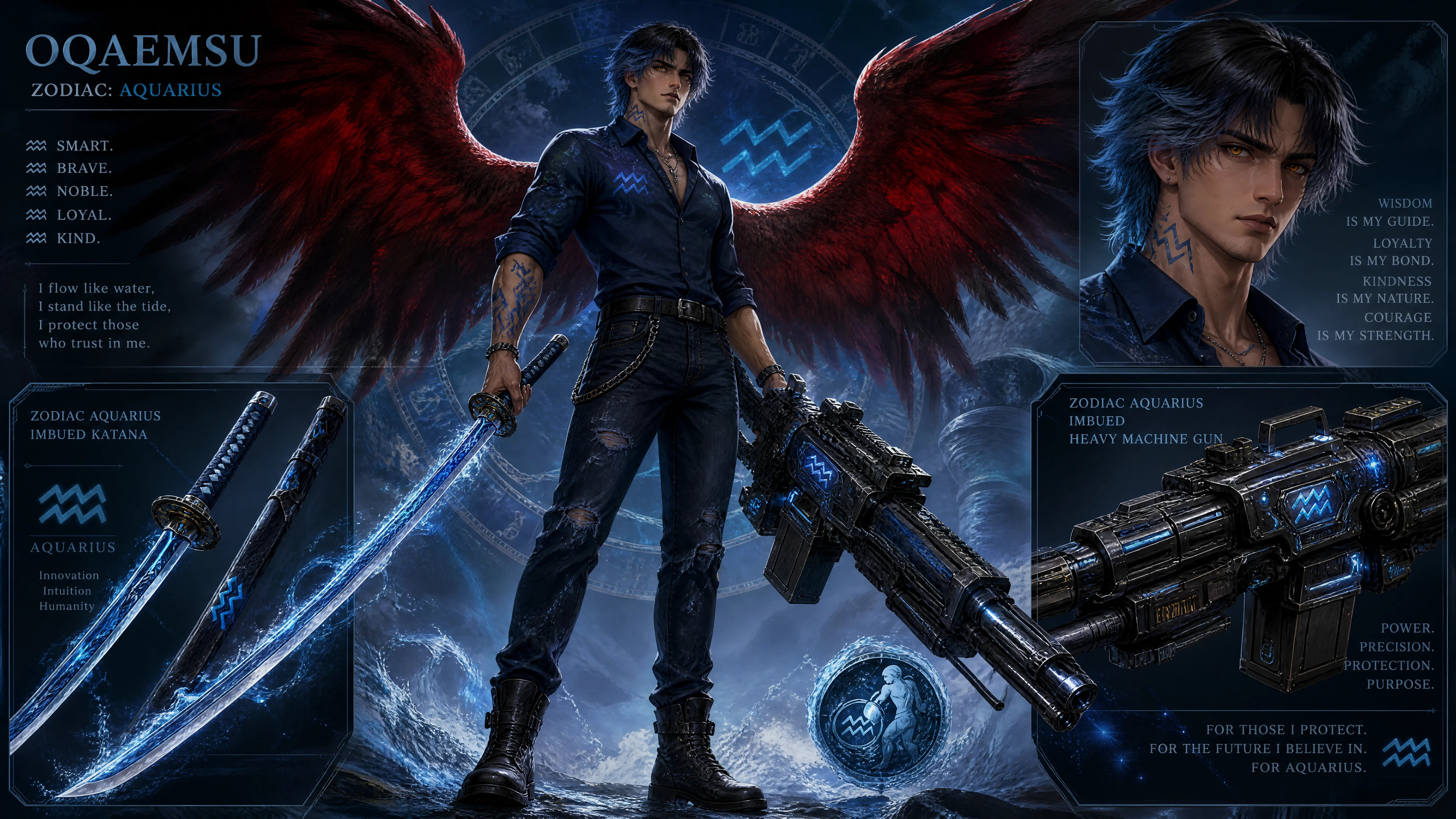 Winged warrior man with aquarius zodiac weapons